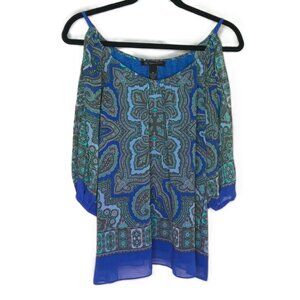 INC International Concepts Petite Cold Shoulder Paisley Top Sheer Sleeves Sz 6 P